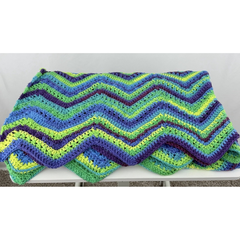 Handmade Crochet Chevron (Ripple) Afghan‎ Neon Green / Blue Purple Sofa Throw